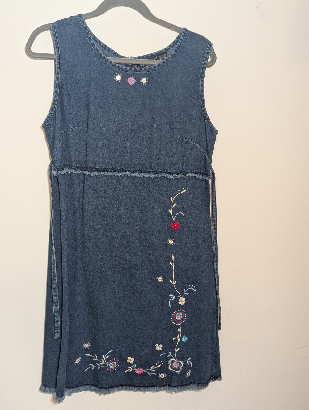 First Vision by Shirin Denim Dress L Floral Embroidered Raw Hem Boho Y2K